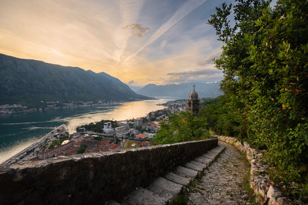 View on the Bay of Kotor, Montenegro. Panoramic view from the hill and ancient town wall.の写真素材