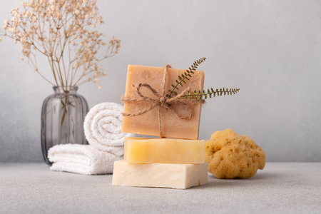 Handcrafted natural soap bars with white terry towels and sea spongeの写真素材