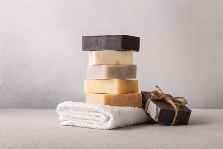 Stack of handcrafted soap bars. Natural, organic cleaning concept.の写真素材