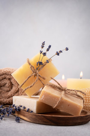 Natural handcrafted soap bars. Bathroom setting with eco-friendly products, close-up.の写真素材