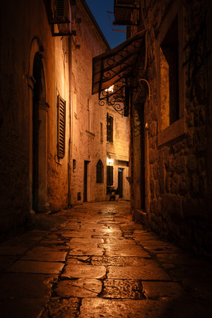 The night landscape with old town of Kotor, Montenegro. Beautiful night cityscape.の写真素材