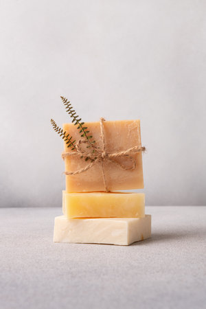 Handcrafted natural soap with plant compositionの写真素材