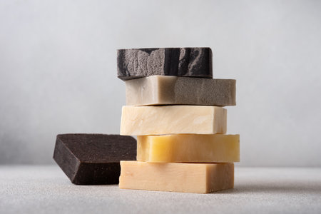 Stack of handcrafted soap bars. Natural, organic cleaning concept.の写真素材