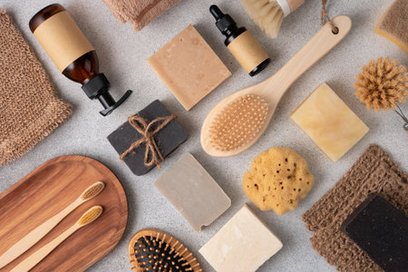 Set of eco-friendly bathroom items for bodycare and hygiene, flat lay.の写真素材