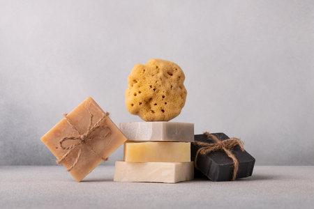 Stack of handcrafted soap bars and natural sea sponge. Natural, organic cleaning and bath concept.