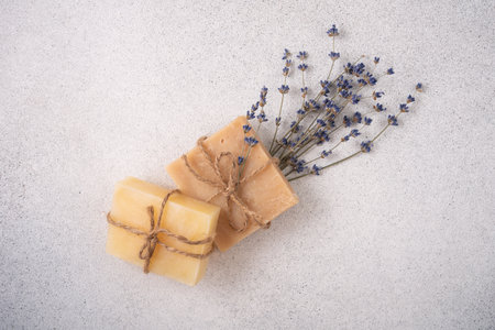 Handcrafted soap bars with lavender flowers. Natural additives and extracts.の写真素材
