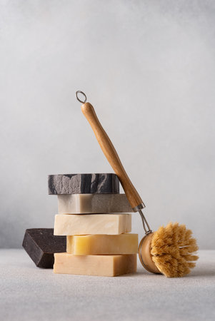 Stack of handcrafted soap bars and bamboo brush. Natural, organic cleaning concept.の写真素材