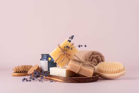 Bathroom items featuring natural handcrafted soap bars, cotton towel, wooden back brush and aroma candle. Spa and selfcare organic product for eco friendly and sustainable lifestyle.の写真素材