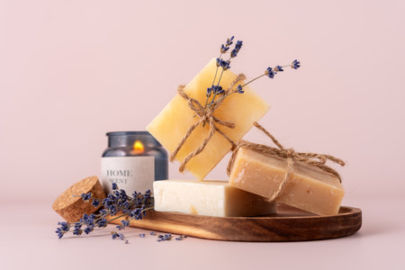 Bathroom items featuring natural handcrafted soap bars, cotton towel and aroma candle. Spa and selfcare organic product for eco friendly and sustainable lifestyle.の写真素材