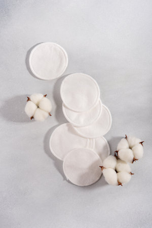 Reusable cotton pads and cotton flowers, highlighting eco-friendly and zero-waste skincare. Soft, natural, and sustainable, perfect for conscious beauty and minimalistic routines.の写真素材