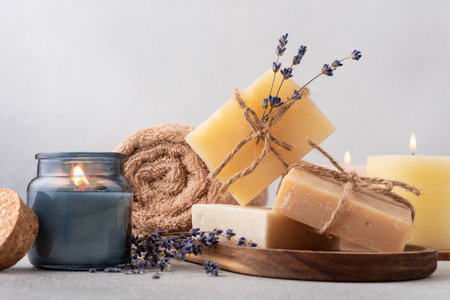 Cozy spa still life with handcrafted organic soap bars, towel and aroma candles. Natural and zero waste bathroom and self care concept.の写真素材
