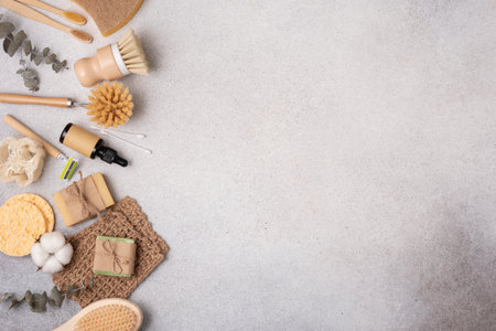 Aesthetic flat lay of eco-friendly body care, bath and beauty products including bamboo brushes, soap, and glass bottles.  Perfect for sustainable living, wellness, and natural beauty themes.の写真素材