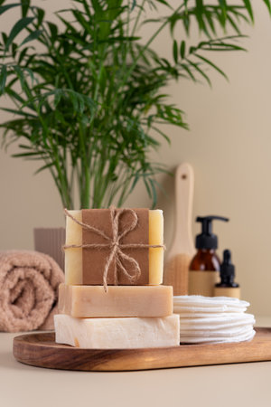 Natural handmade soap bars in bathroom with toiletries, sustainable and eco friendly lifestyle.の写真素材
