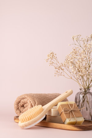 Natural skincare products with a bamboo back brush and handmade soap bars. Perfect for spa, wellness, and beauty concepts.の写真素材
