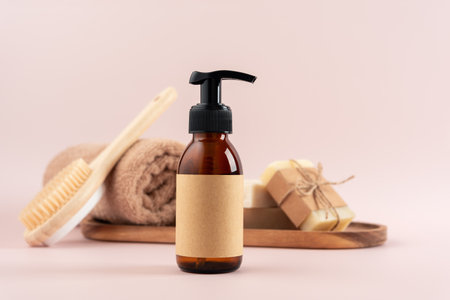 Flat lay of eco-friendly body care, bath and beauty products including bamboo hair and back brushes, soap, and glass bottles.  Perfect for sustainable living, wellness, and natural beauty themes.の写真素材