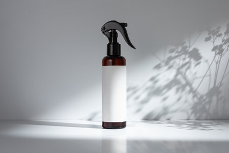 Spray bottle on a light background with shadows of leaves, representing beauty, wellness, or skincare product packaging.の写真素材
