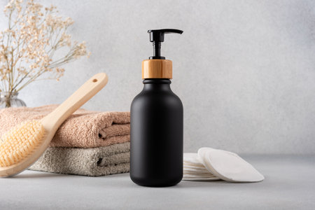 A black dispenser bottle of lotion or shower gel for body care product mock-up. Wellness and selfcare product packaging concept.の写真素材