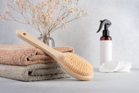 Minimalist bathroom essentials for self-care, featuring a bamboo body brush, soft towels, and organic skincare items. Ideal for eco-conscious spa or wellness themes in a calm, natural setting.の写真素材