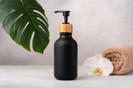 Elegant black soap dispenser with bamboo cap in spa setting, surrounded by towel, brush, orchid, and green leaf. Ideal for wellness, beauty, or skincare product concepts.の写真素材