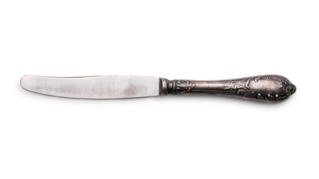 Silver vintage table knife isolated on a white backgroundの写真素材