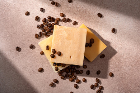 Handmade soap bar with coffee beans scattered on a neutral brown background. Perfect for natural skincare, eco-friendly, and aesthetic product concepts, emphasizing organic and invigorating beauty themes. Perfect for natural skincare, eco-friendly, and aesthetic product concepts, emphasizing organic and invigorating beauty themes.の写真素材