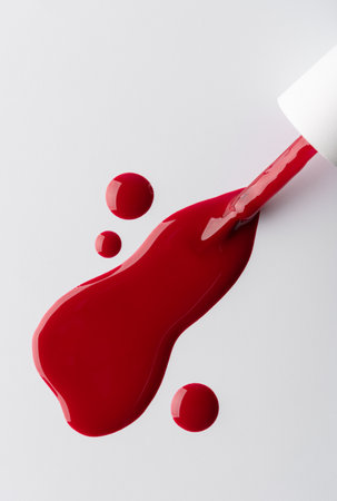 Close-up of red nail polish spilling with glossy drops on a clean white surface. Smooth texture, modern minimalism, and vibrant color perfect for beauty, fashion, or cosmetic themes.の写真素材