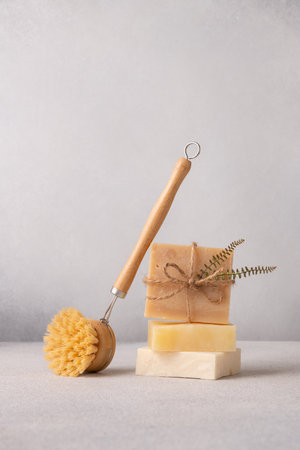 Stack of handmade soap and a dishwashing brush with natural bristles and a bamboo handle. Perfect for eco-friendly, sustainable living, zero-waste, or natural product concepts.の写真素材