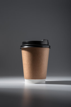 Disposable paper coffee cup on grey background. Paper takeaway cup with black lids for hot drinks.の写真素材