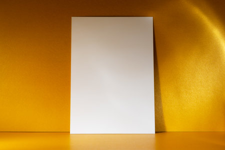 White sheet of paper standing on a shimmering golden background with sunlight reflections. Minimalistic and elegant setup, ideal for mockups, invitations, or luxury-themed designs.の写真素材