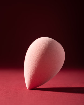 Cosmetic sponges arranged on a red background with dramatic lighting. Beauty blenders in various shades create a stylish and elegant composition for skincare or makeup visuals.の写真素材