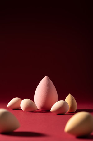 Cosmetic sponges arranged on a red background with dramatic lighting. Beauty blenders in various shades create a stylish and elegant composition for skincare or makeup visuals.の写真素材