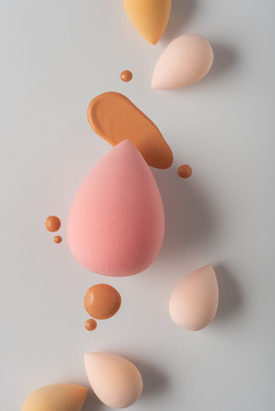 Makeup sponges with drops and smears of liquid foundation on a light background. Colorful beauty tools arranged in minimal, modern style for cosmetics or skincare product concept.の写真素材