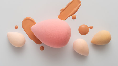Makeup sponges with drops and smears of liquid foundation on a light background. Colorful beauty tools arranged in minimal, modern style for cosmetics or skincare product concept.の写真素材