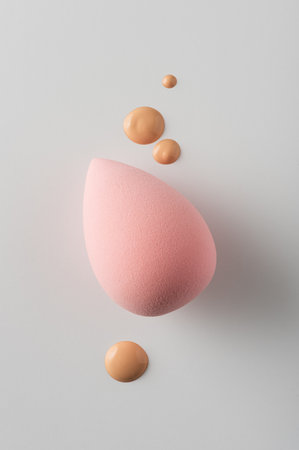 Makeup sponges with drops and smears of liquid foundation on a light background. Colorful beauty tools arranged in minimal, modern style for cosmetics or skincare product concept.の写真素材