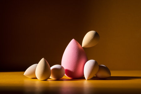 Colorful cosmetic sponges arranged on a warm golden background with dramatic lighting. Beauty blenders in various shades create a stylish and elegant composition for skincare or makeup visualsの写真素材