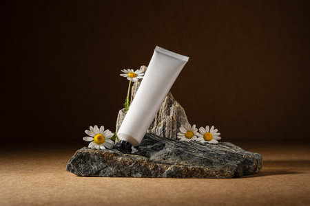 White cosmetic tube mockup with chamomile flowers on natural stone. Organic skincare product presentation in minimalist, natural setting for branding, wellness, or beauty concept.の写真素材