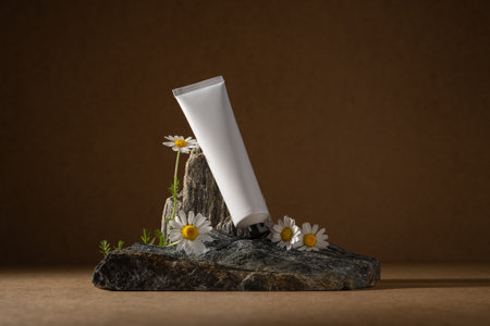 White cosmetic tube mockup with chamomile flowers on natural stone. Organic skincare product presentation in minimalist, natural setting for branding, wellness, or beauty concept.の写真素材