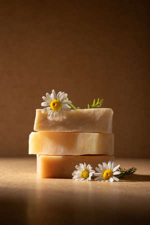 Stack of handmade chamomile soap bars decorated with fresh chamomile flowers on a natural brown...