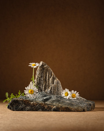 Natural stone podium with chamomile flowers on a warm brown background. Minimalist mockup scene for cosmetic or skincare product presentation, branding, or spa advertisement.の写真素材