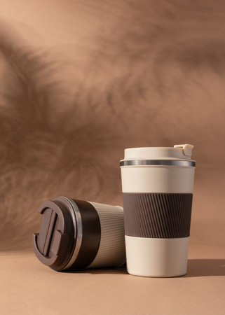 Reusable coffee  thermo cup, mockup on warm beige background with natural shadows. Minimalist...