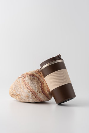 Reusable coffee  thermo cup on natural stone, mockup on white background. Minimalist product...