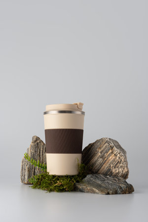 Reusable travel coffee cup with brown grip and lid, placed on rocks with moss. Eco-friendly, minimal...