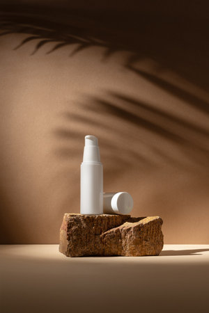 Minimal cosmetic bottle mockup on natural rock with brown background and tropical shadows. Perfect for skincare branding, product presentation, or organic beauty concept visuals.の写真素材
