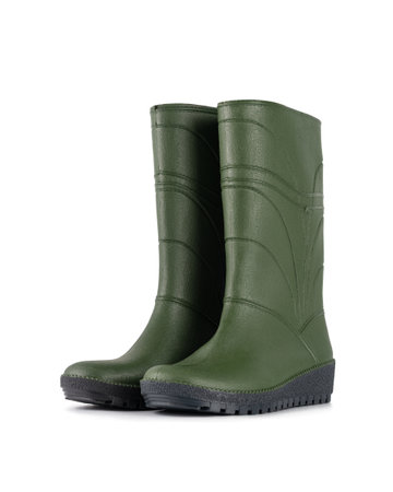 Pair of green rubber boots on white background. Waterproof footwear for gardening, farming, outdoor work, rain protection and rural lifestyle.の写真素材