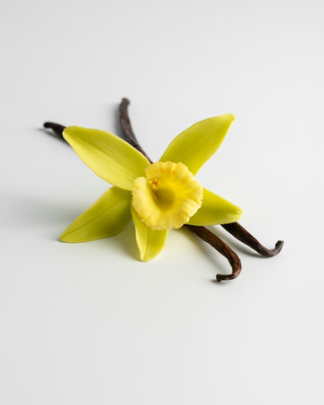 Vanilla flower and pods on white background. Natural purity and delicate elegance concept emphasizing tropical aroma, freshness, and organic beauty.の写真素材
