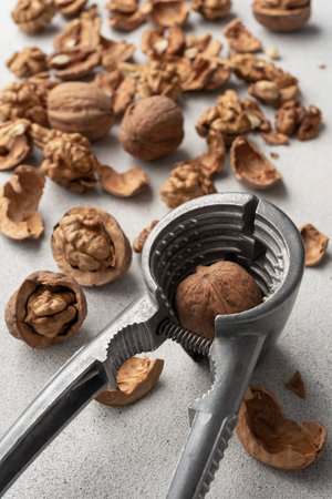 Metal nutcracker with scattered walnut shells. Minimal still life concept of natural food,...