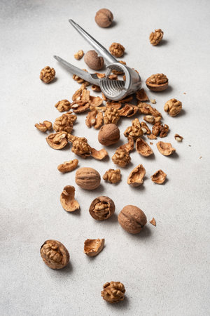 Metal nutcracker with scattered walnut shells. Minimal still life concept of natural food, simplicity, and healthy lifestyle.の写真素材