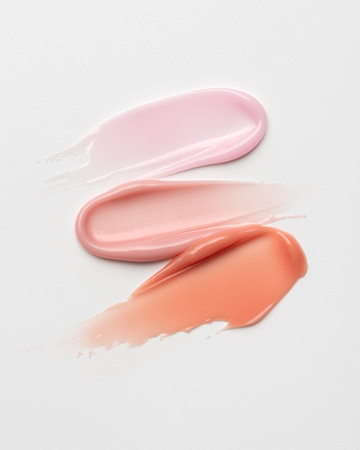 Beige and pink glossy cosmetic smears texture on clean background. Minimal beauty treatment concept...