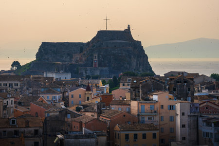 Scenic view of Corfu, Greece, showcasing the Old Town, New Fortress, historic architecture,...