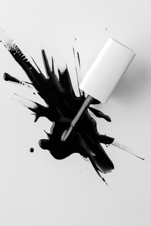 Black nail polish splashed on a white surface with a cosmetic brush, creating bold abstract shapes and high-contrast beauty texture. Creative makeup spill close-up for modern aesthetics.の写真素材
